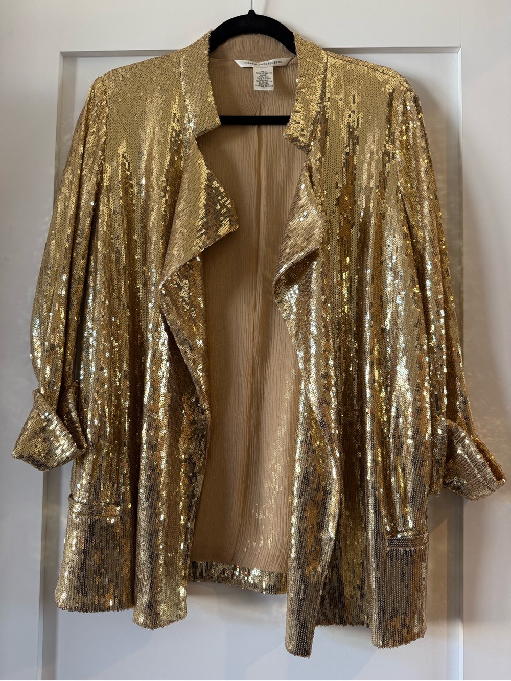 Vintage Diane Von Furstenberg Gold Sequin Blazer with silk lining Size 2